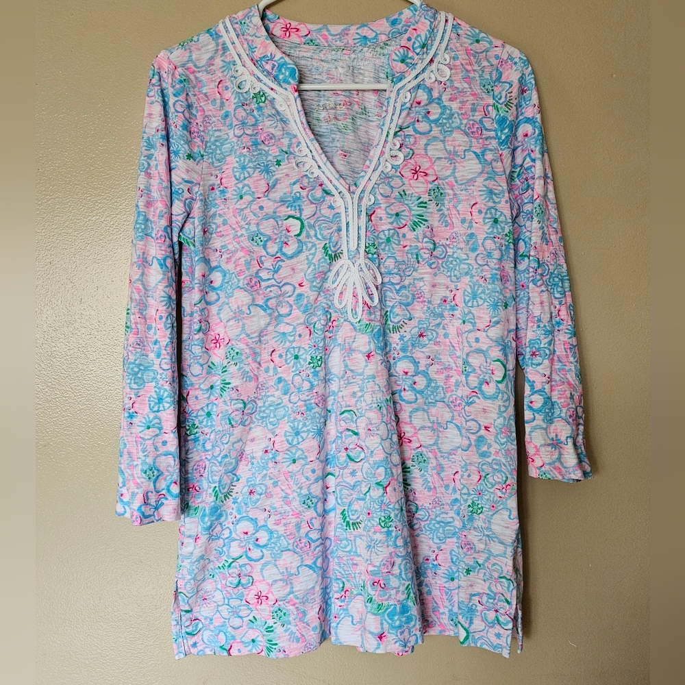 Lilly Pulitzer Cotton Floral Tunic Top S Embroidered Coastal Summer Resortwear - Picture 2 of 11